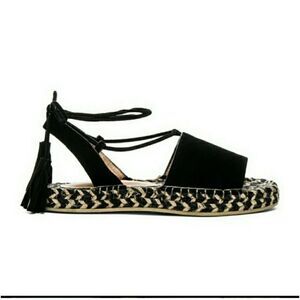 Revole Raye Espadrilles Black Leather Suede Lace up Tassel Detail Size 8.5